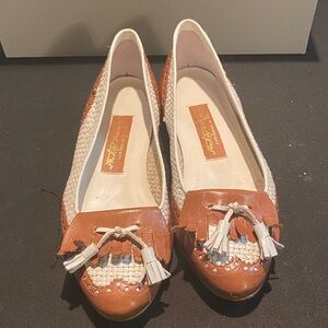 Etienne Aigner Brown and Cream Woven Tassel Loafers